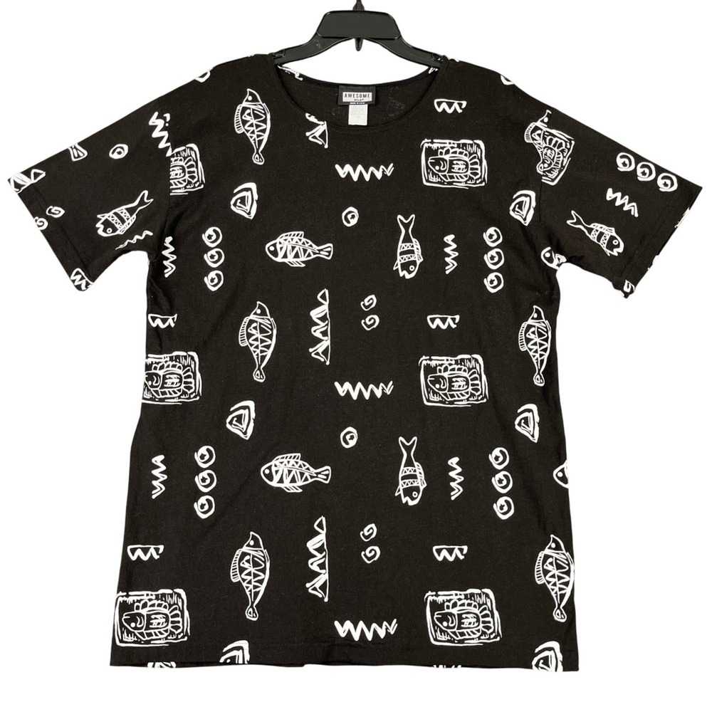 Awesome Wear Vintage 90s All Over Print Fish Graphic Tee Women 1X USA made